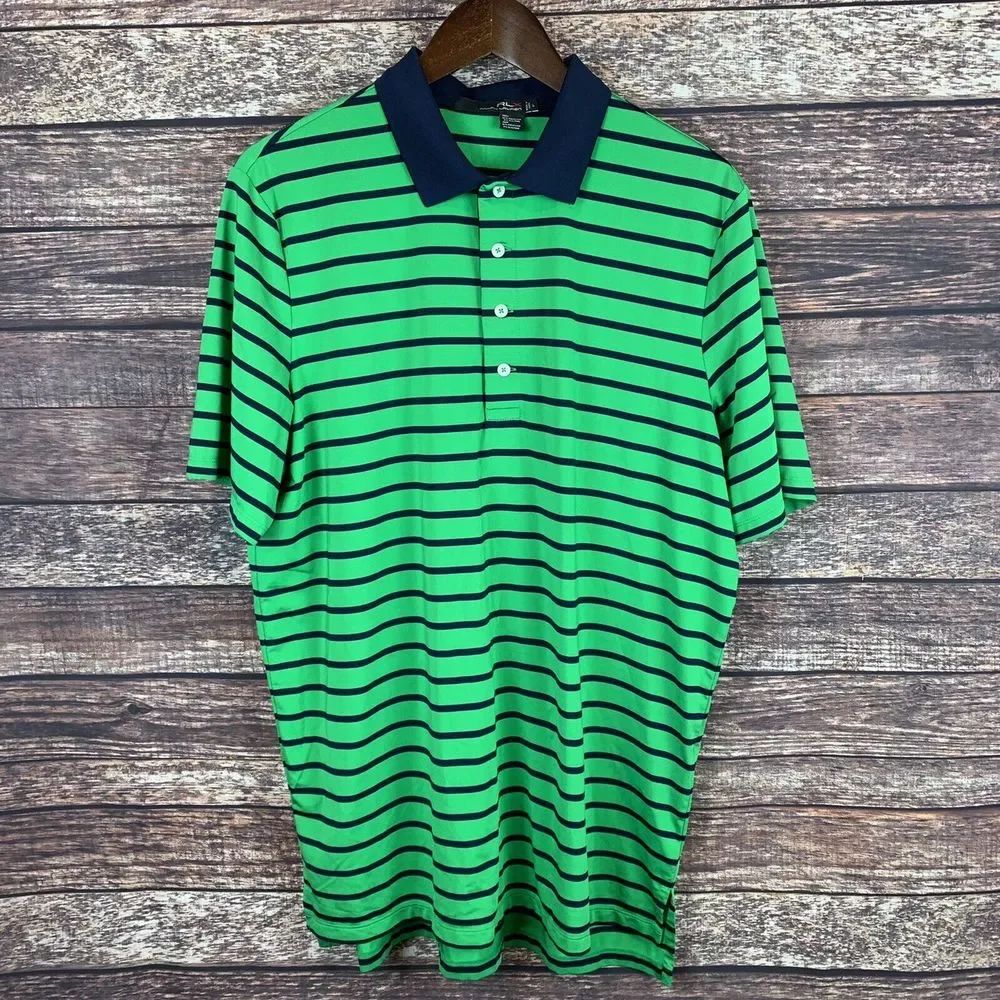 Ralph Lauren RLX Mens Golf Polo Shirt Green‎ Blue Striped Button Collar Large
